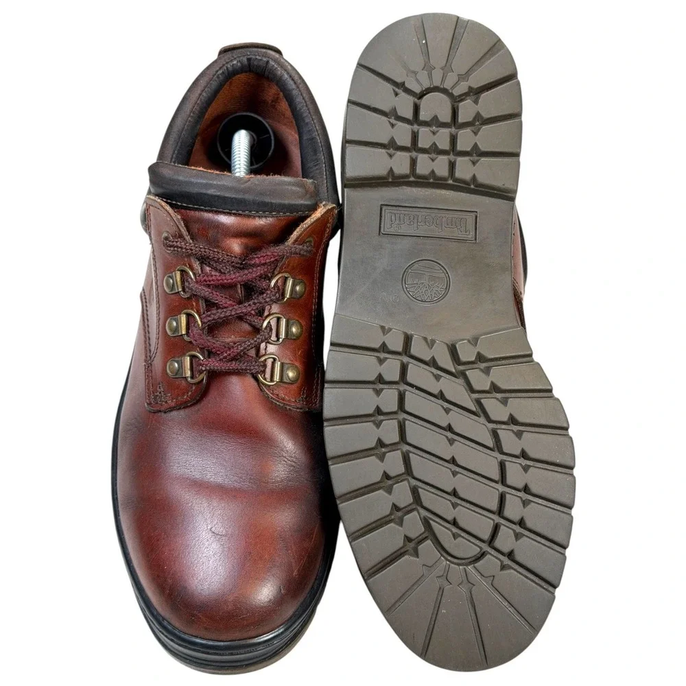 Vintage Timberland Low Oxford Boots Mens 11 Brown Leather Lug Sole Hiking Y2K